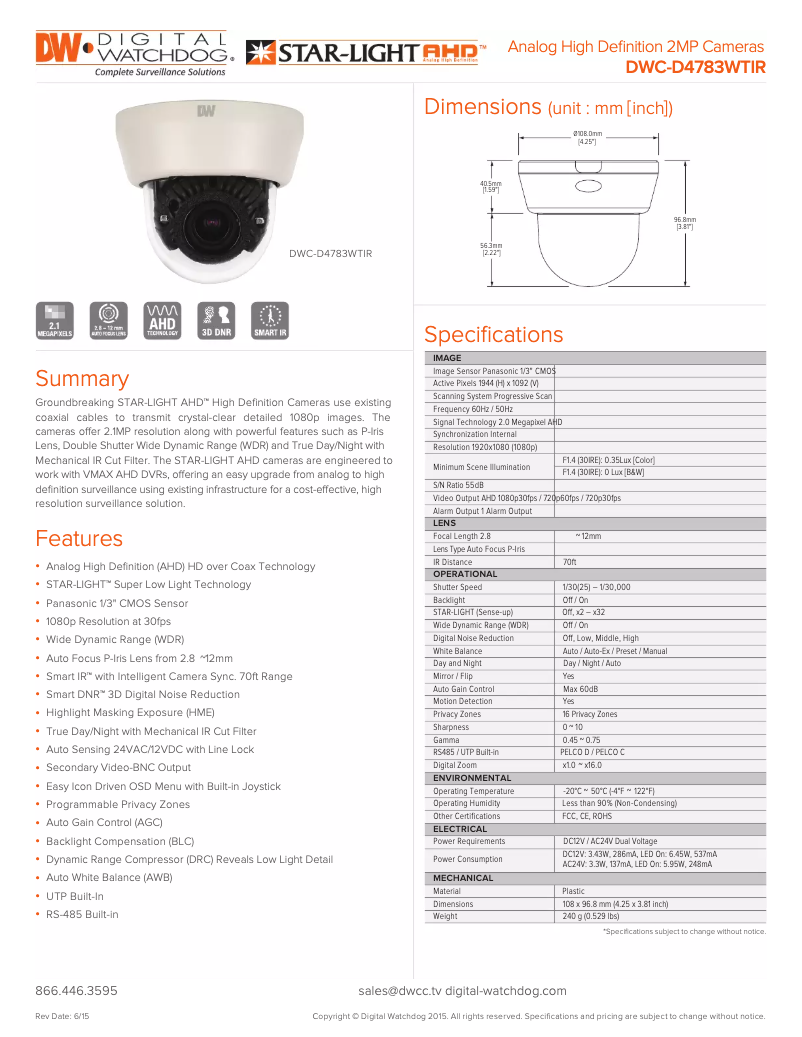 Page 1 de la notice Manuel utilisateur Digital Watchdog STAR-LIGHT AHD DWC-D4783WTIR