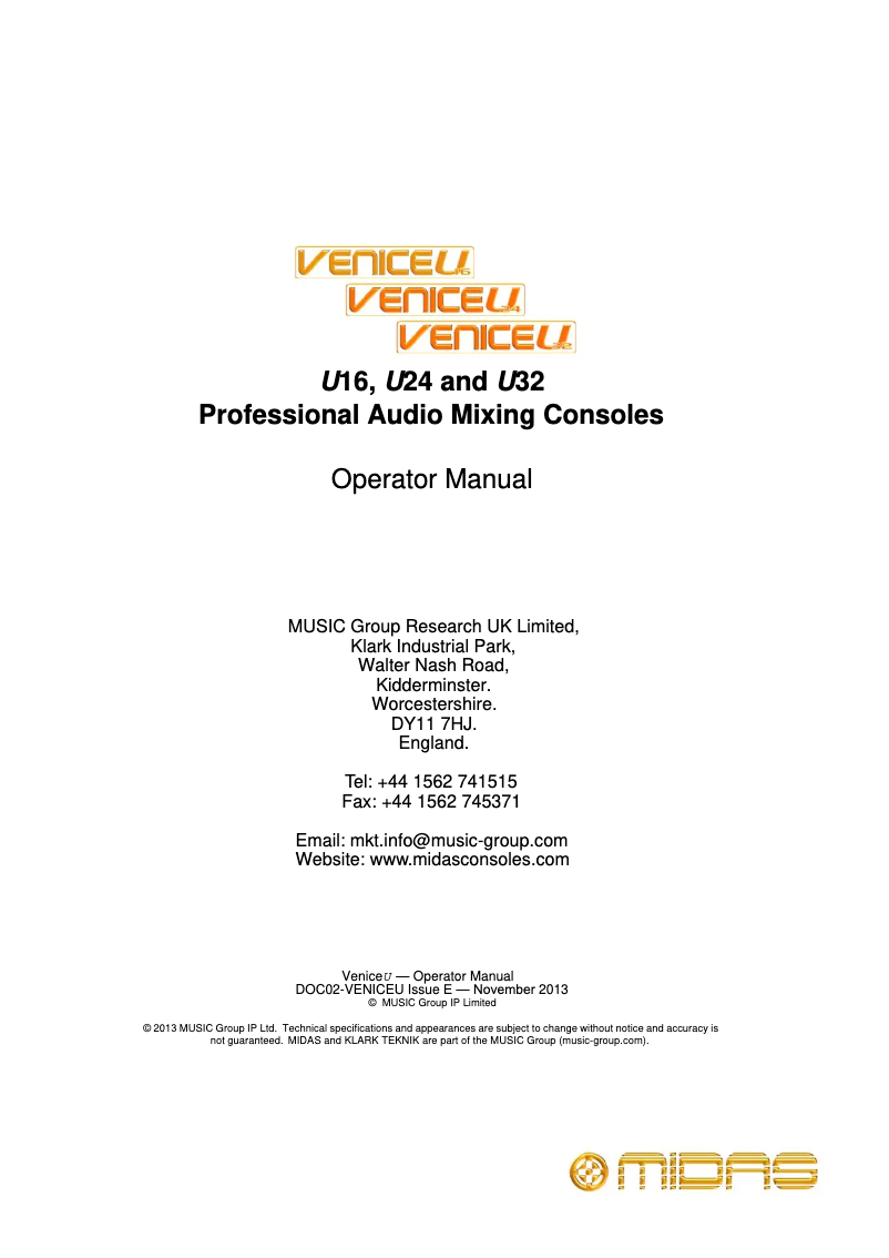 Page n°1 - Manuel utilisateur Midas Venice U16