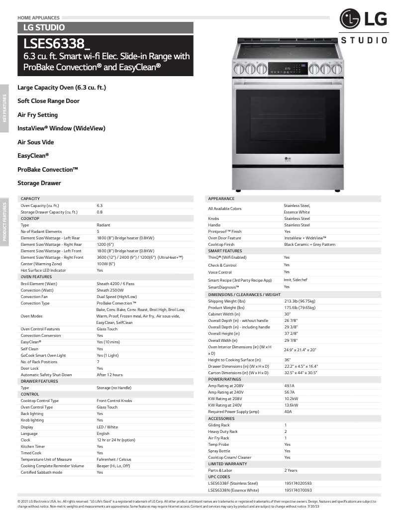 Page 1 de la notice Fiche technique LG STUDIO LSES6338N