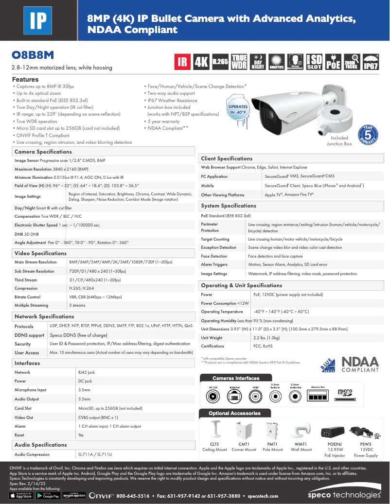 Page 1 de la notice Fiche technique Speco Technologies O8B8M