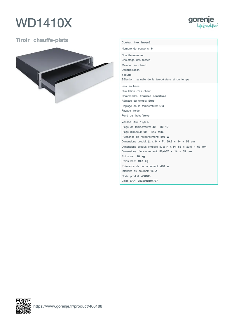 Page 1 de la notice Fiche technique Gorenje WD1410X