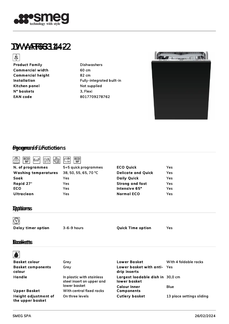 Page 1 de la notice Fiche technique Smeg DWAFI6314-2