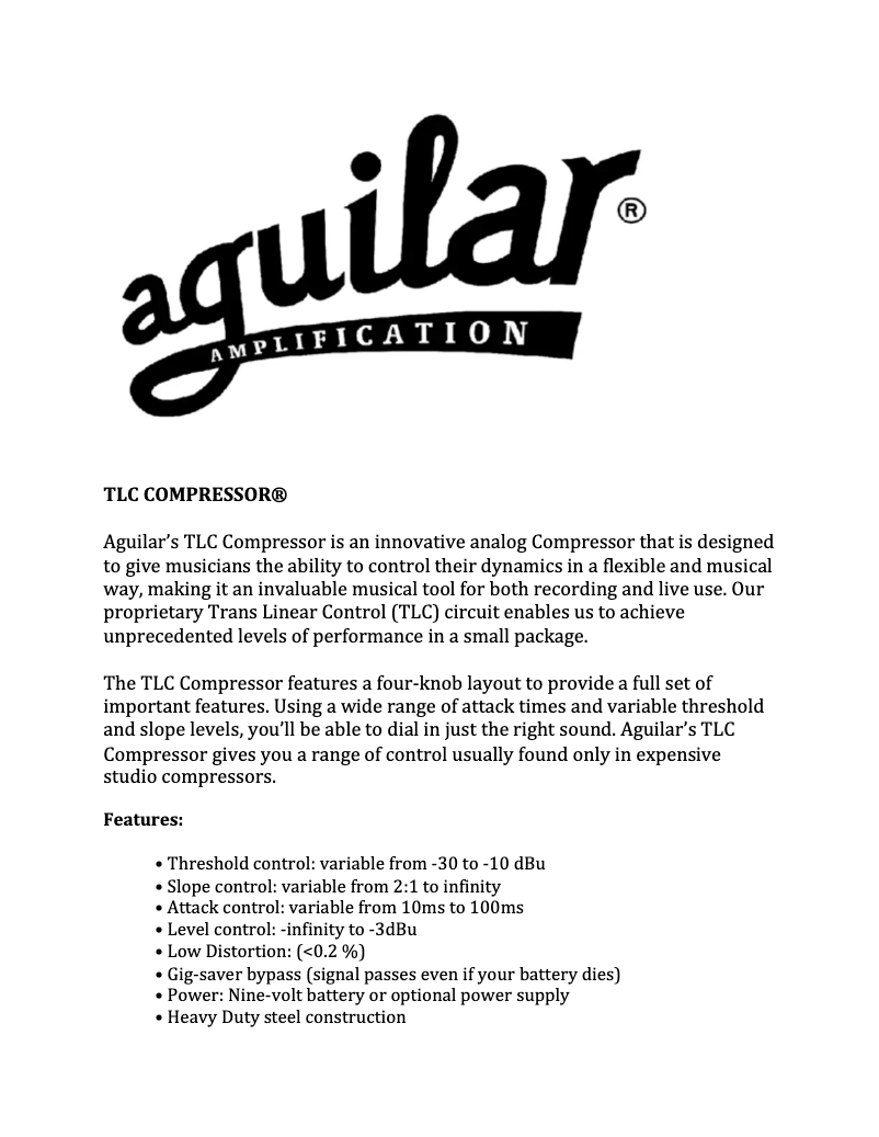 Page n°1 - Manuel utilisateur Aguilar TLC Compressor