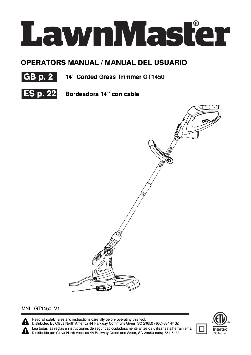 Page 1 de la notice Manuel utilisateur LawnMaster GT1450