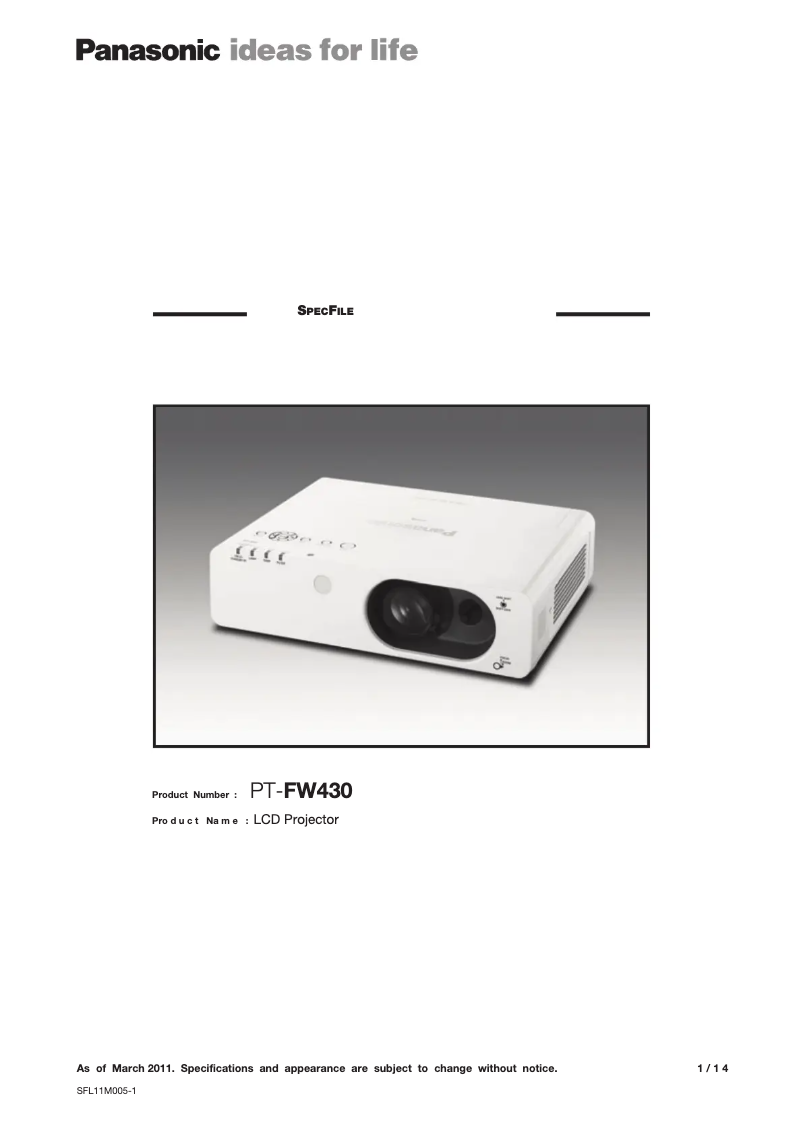 Page 1 de la notice Manuel utilisateur Panasonic PT-FW430U