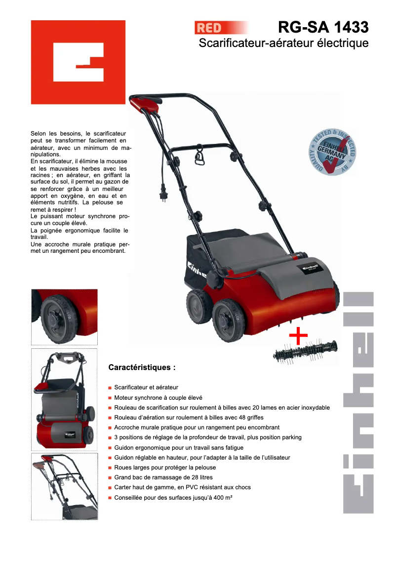Page 1 de la notice Fiche technique Einhell GE-SA 1433