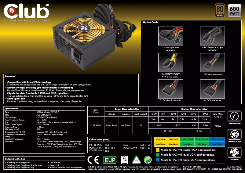 Page n°1 - Manuel utilisateur CLUB3D CSP-S600