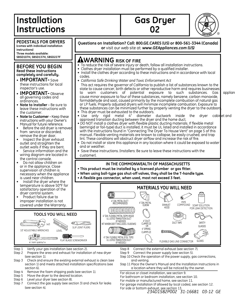 Página 1 del manual Guía de instalación GE DCVH680GJWW
