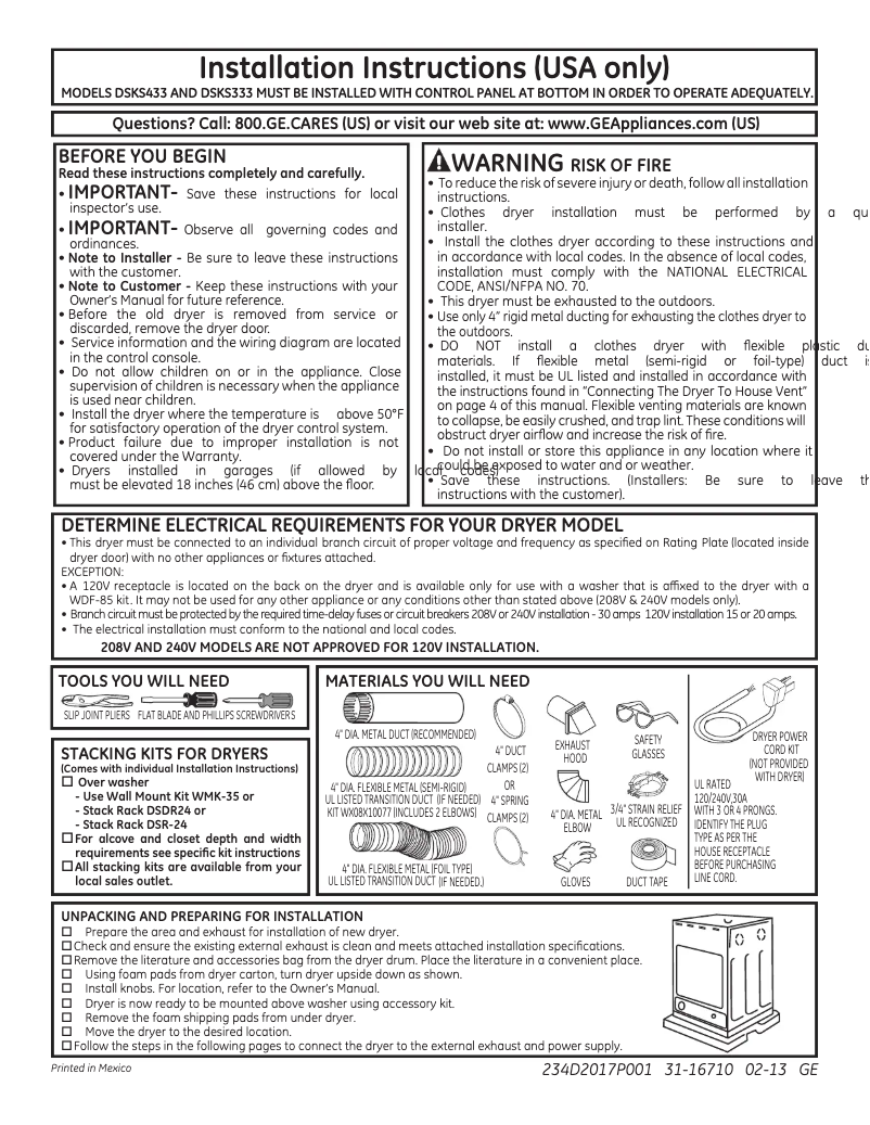 Page 1 de la notice Guide d'installation GE DSKS333ECWW