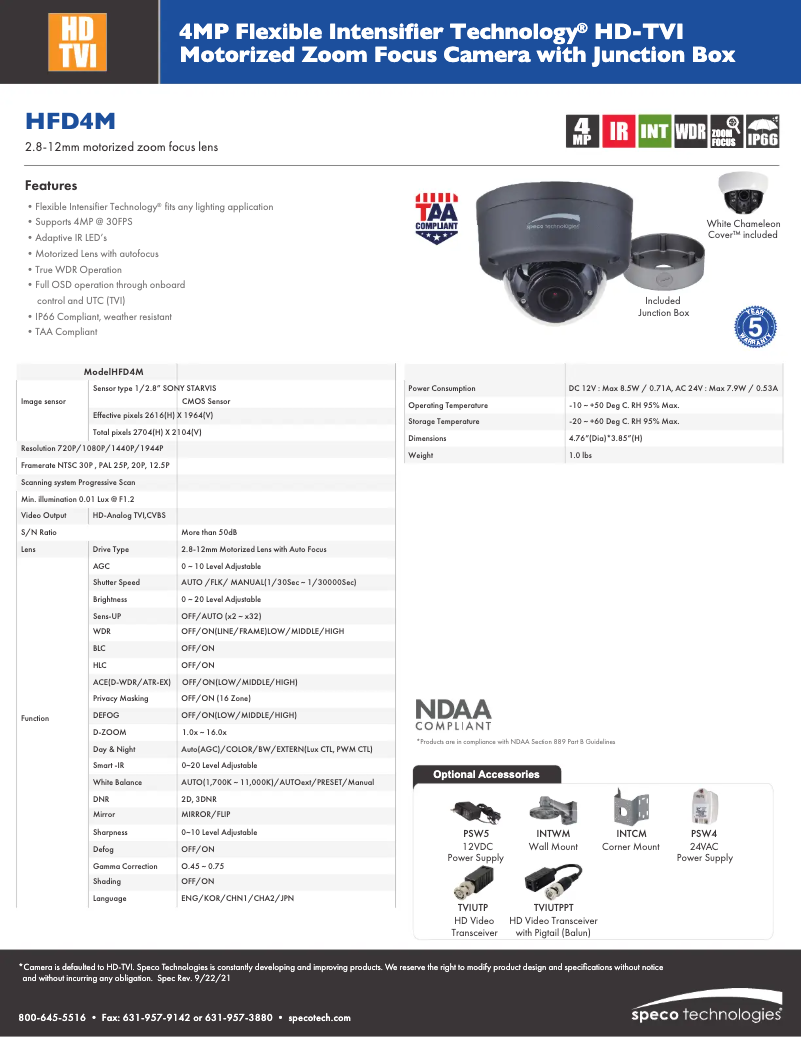 Page 1 de la notice Fiche technique Speco Technologies HFD4M