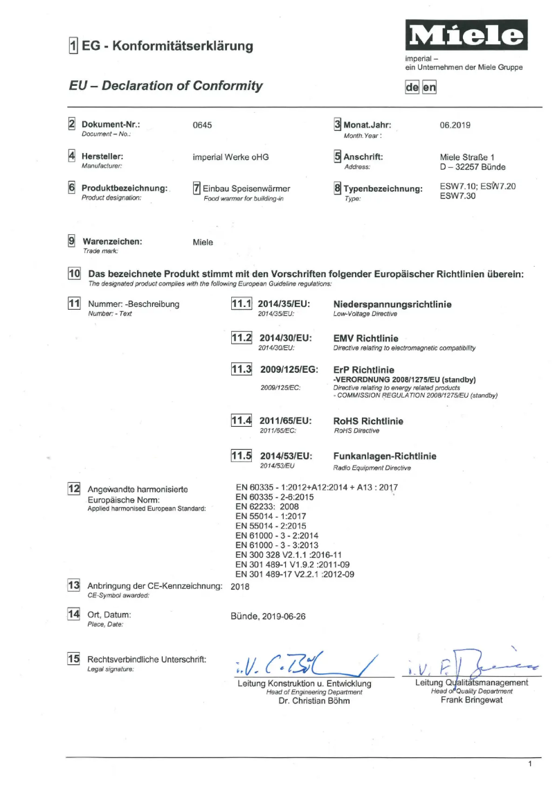 Page n°1 - Fiche technique Miele ESW 7120