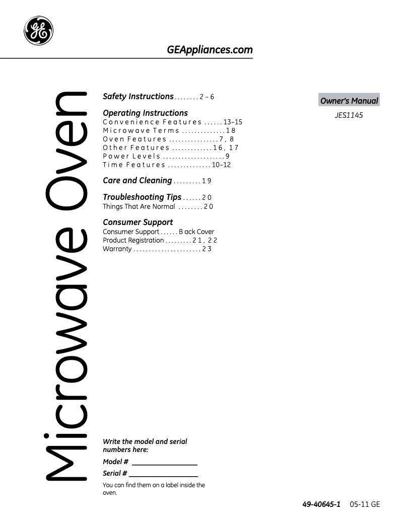 Page n°1 - Manuel utilisateur GE JES1145SHSS