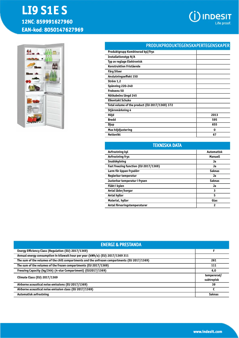 Page 1 de la notice Fiche technique Indesit LI9 S1E S