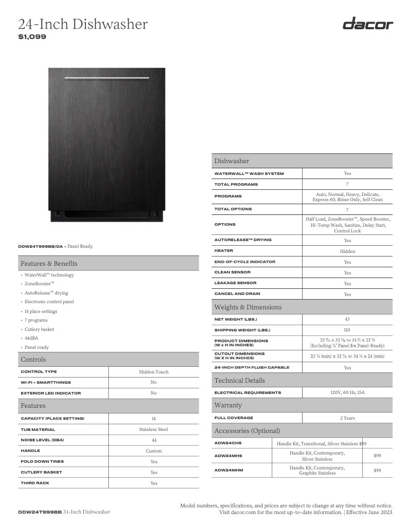 Page 1 de la notice Fiche technique Dacor Modernist DDW24T999BB