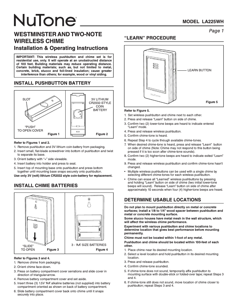 Page n°1 - Manuel utilisateur NuTone LA225WH