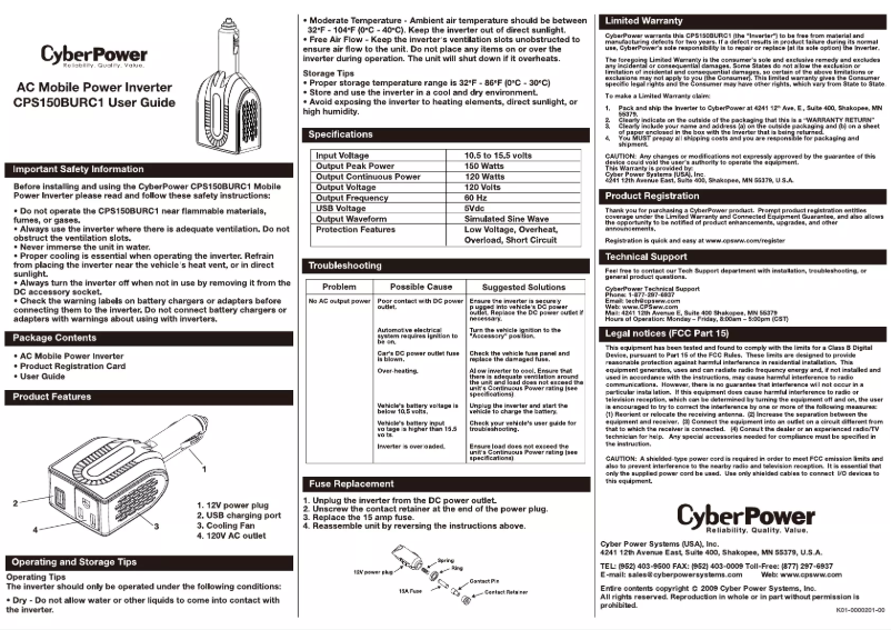 Page n°1 - Manuel utilisateur CyberPower CPS150BURC1