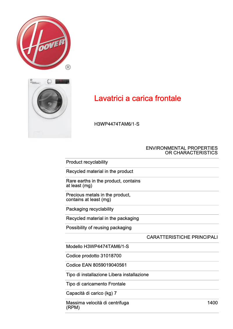 Page n°1 - Fiche technique Hoover H3WP4474TAM6/1-S