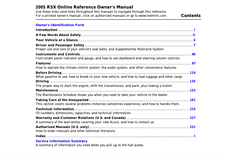 Page 1 de la notice Manuel utilisateur Acura RSX (2005)