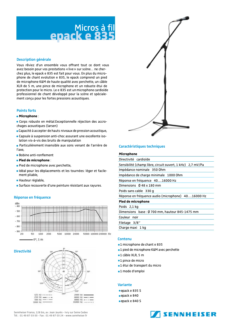 Page n°1 - Fiche technique Sennheiser Evolution E835