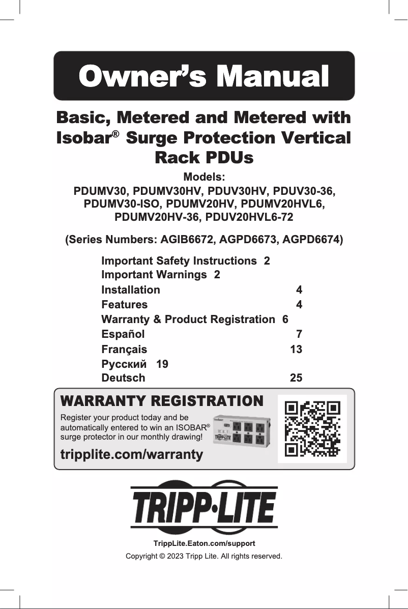 Page n°1 - Manuel utilisateur Tripp Lite PDUMV20HV