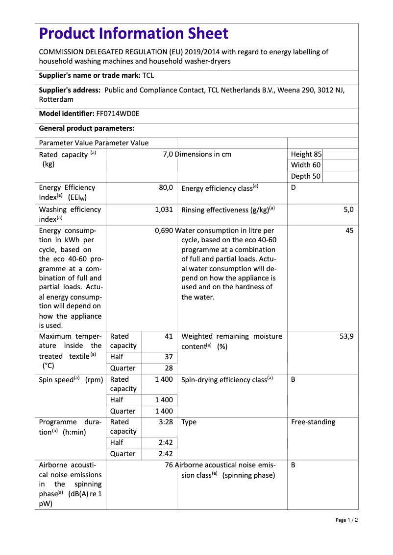 Page 1 de la notice Fiche technique TCL FF0714WD0