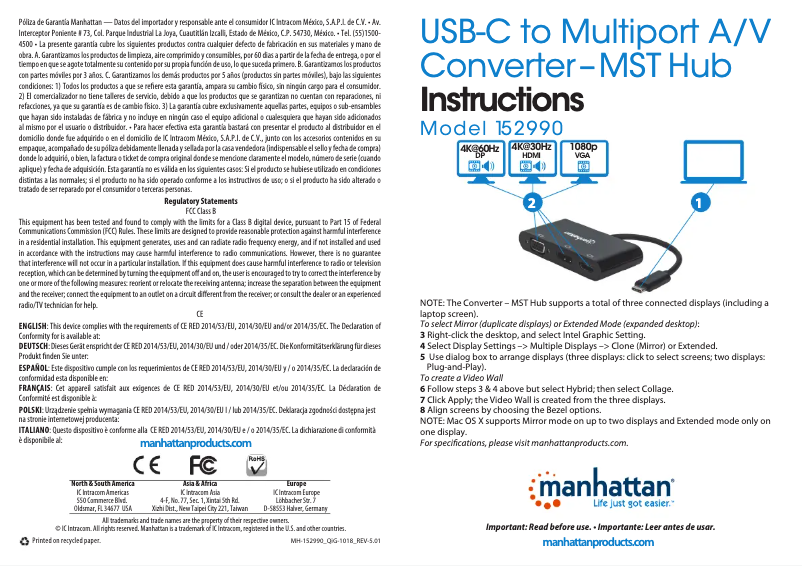 Page 1 de la notice Manuel utilisateur Manhattan 152990