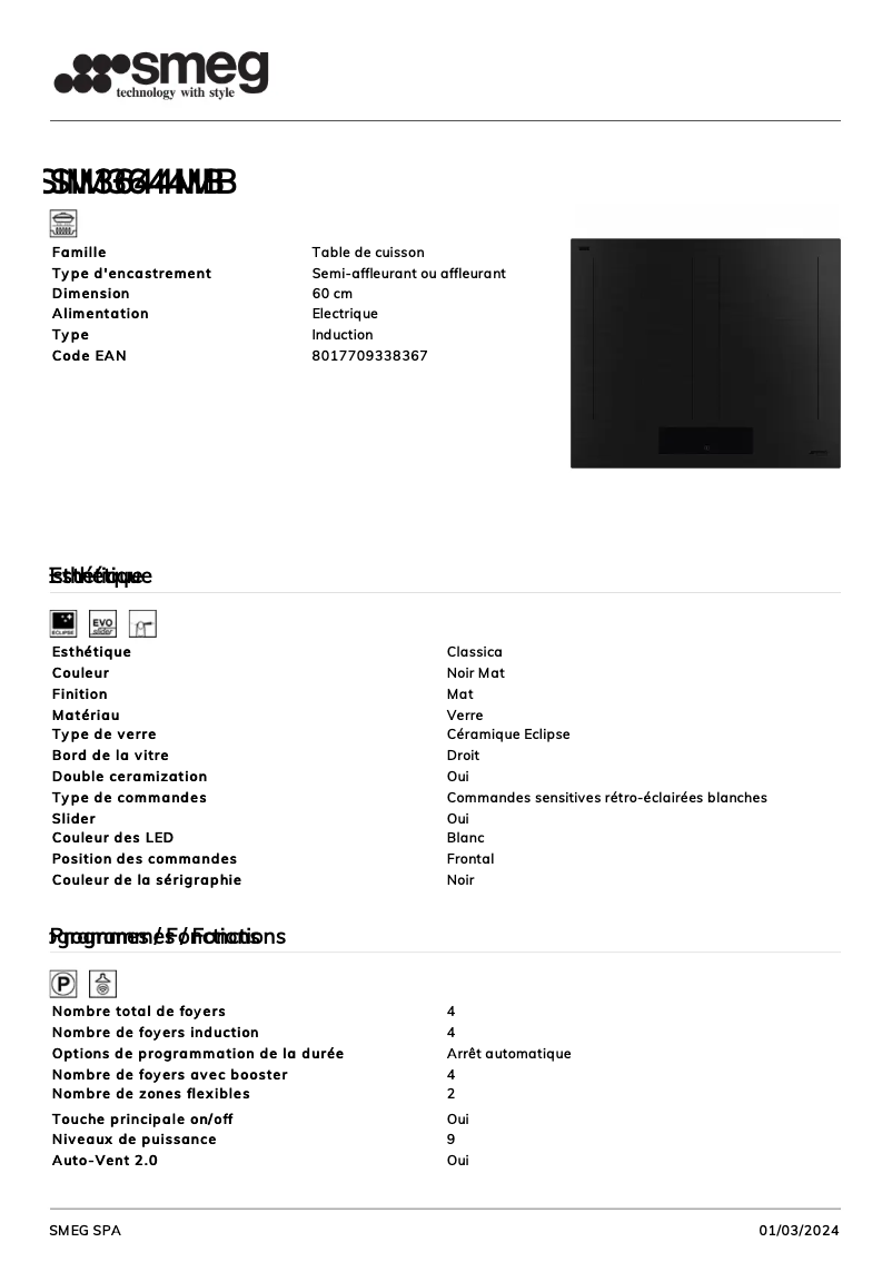Page 1 de la notice Fiche technique Smeg SIM3644MB