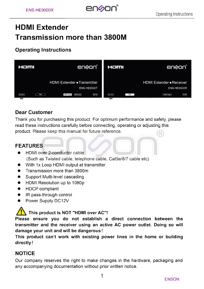 Page 1 de la notice Manuel utilisateur Enson ENS-HE9000R