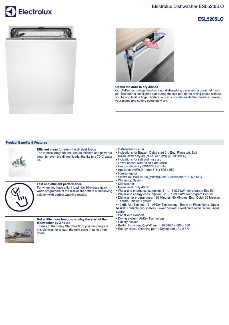 Page 1 de la notice Fiche technique Electrolux ESL5205LO