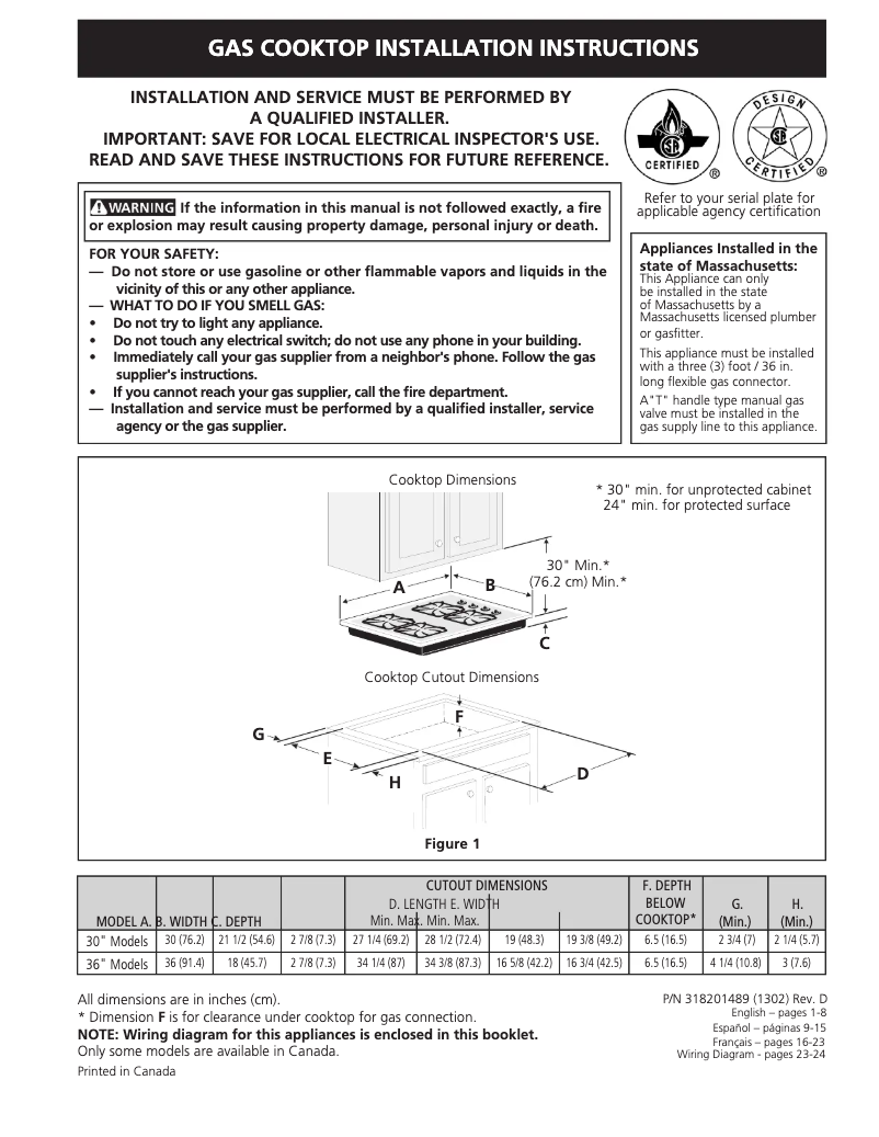 Page 1 of the manual Installation Guide Frigidaire FFGC3015LS