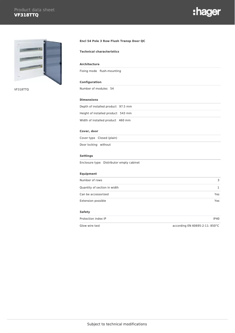Page n°1 - Fiche technique Hager VF318TTQ