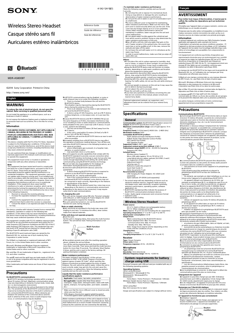 Page 1 de la notice Manuel utilisateur Sony MDR-AS800BT