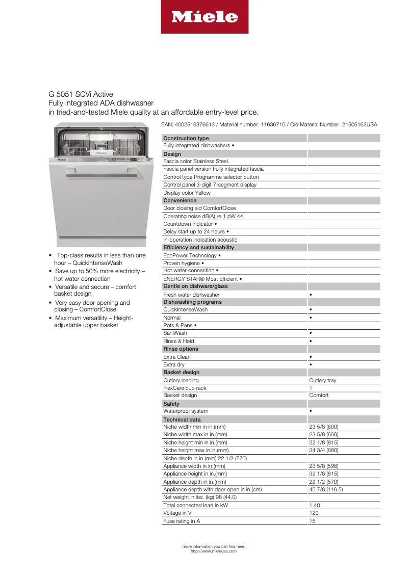 Página 1 del manual Ficha técnica Miele G 5050 SCVi Active