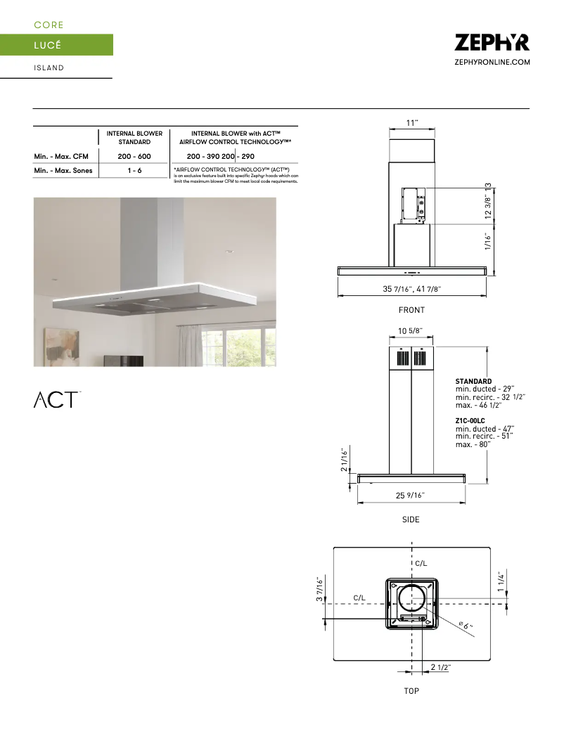 Page 1 de la notice Fiche technique Zephyr Luce ZLC-E42CS