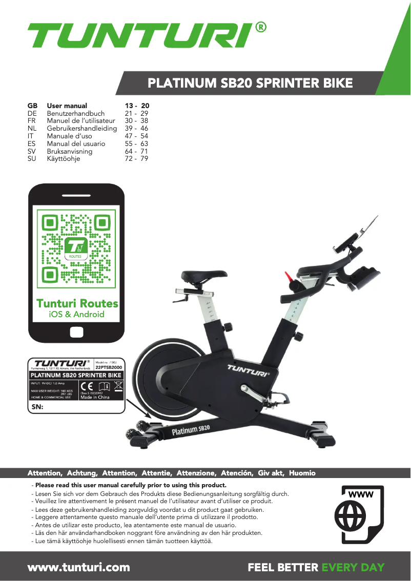 Page n°1 - Manuel utilisateur Tunturi Platinum SB20