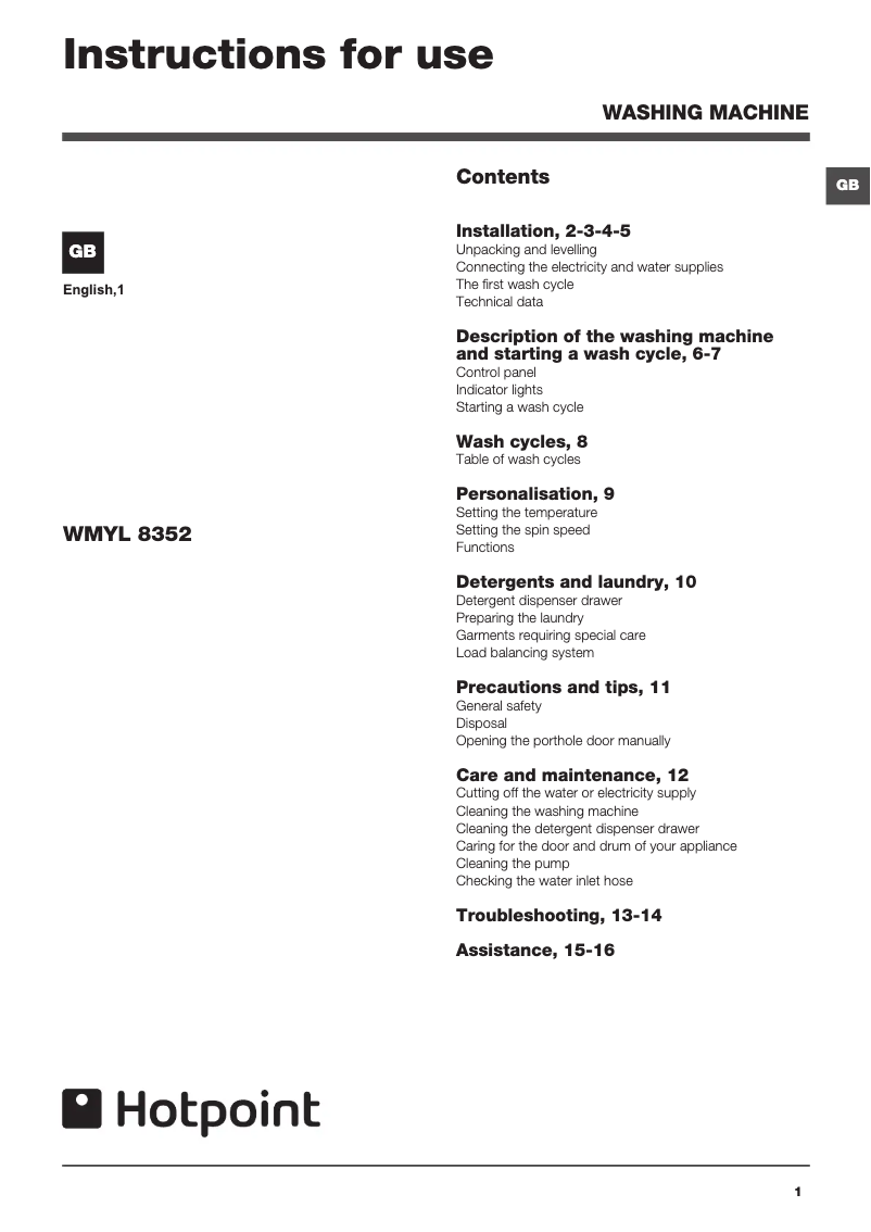 Page n°1 - Manuel utilisateur Hotpoint WMYL 8352 B