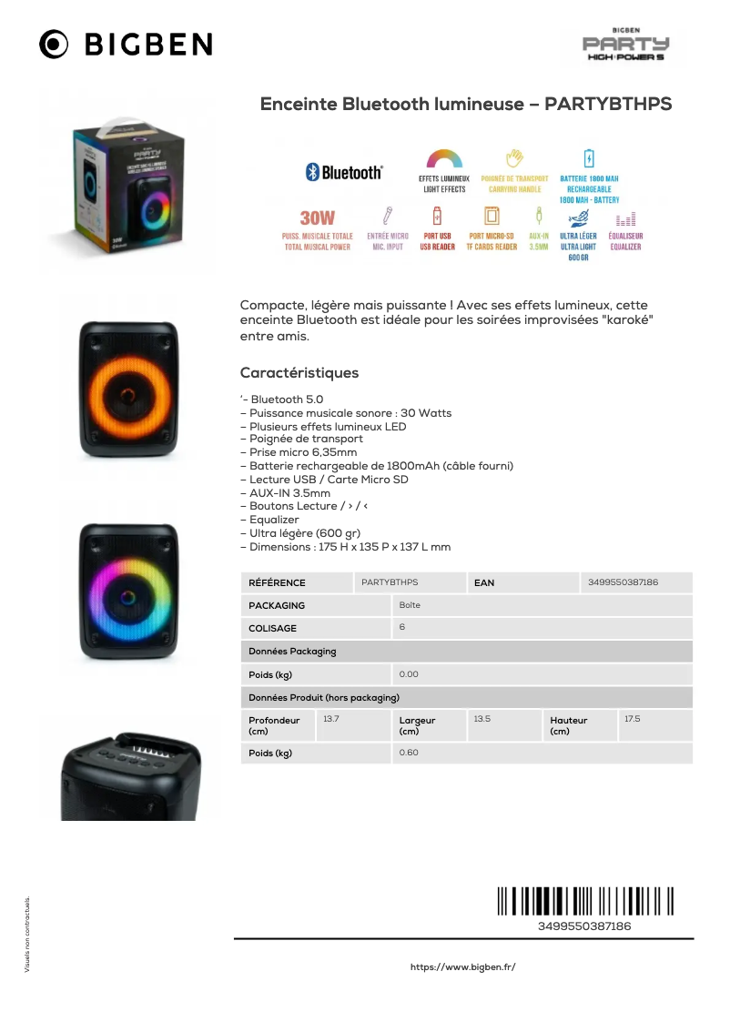 Page 1 de la notice Fiche technique Bigben PARTYBTHPS
