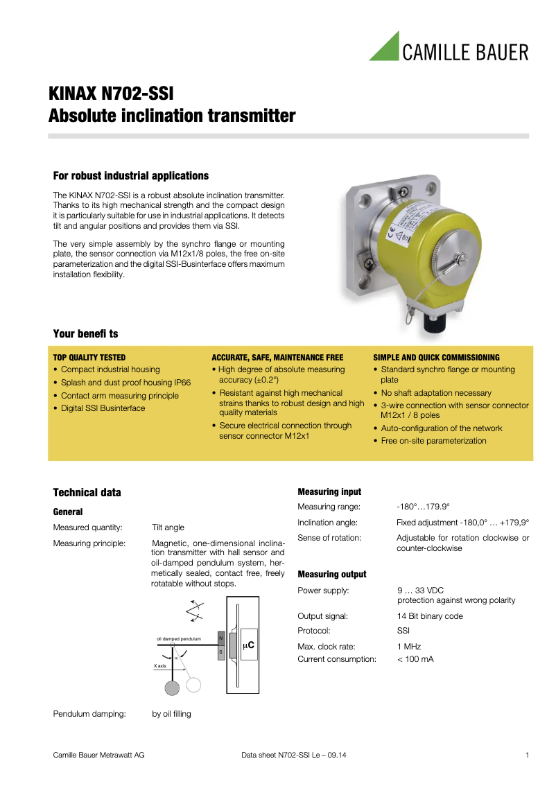 Page 1 de la notice Fiche technique Camille Bauer KINAX N702-SSI
