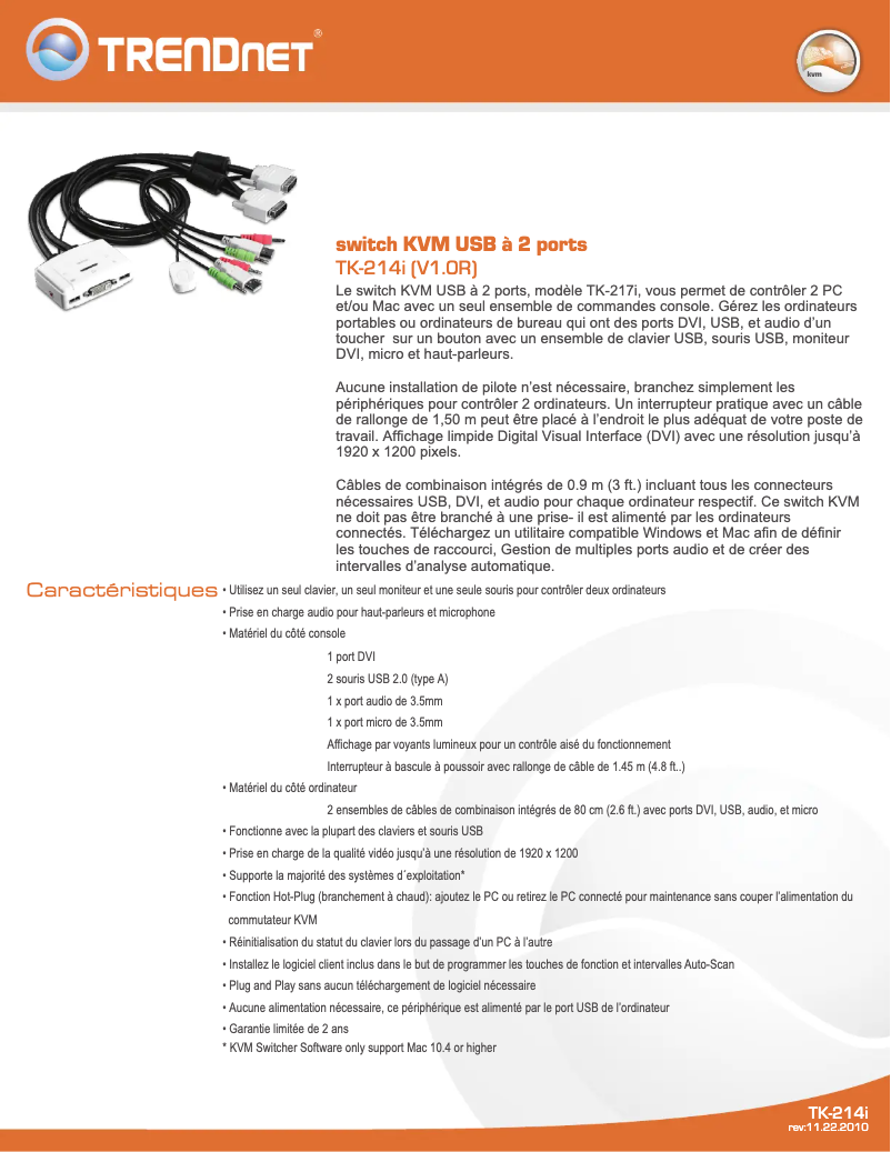 Page 1 de la notice Fiche technique TRENDnet TK-214i