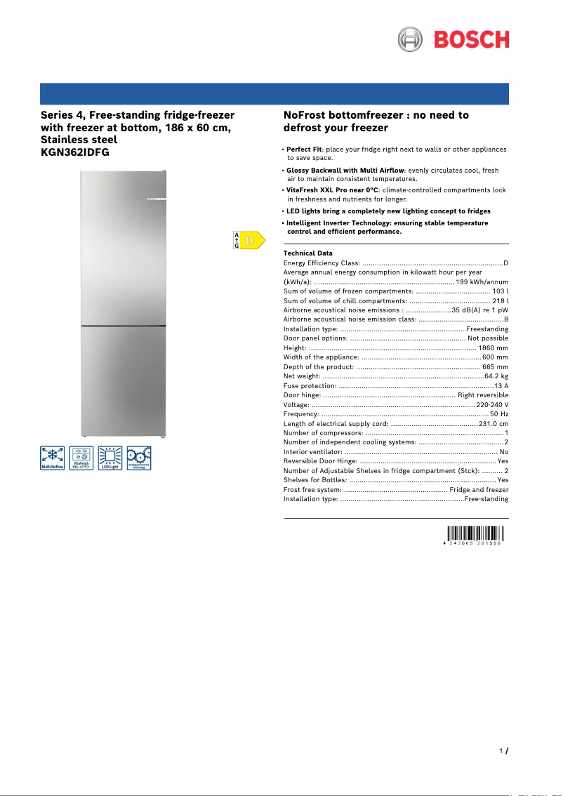 Página 1 del manual Ficha técnica Bosch KGN362IDFG