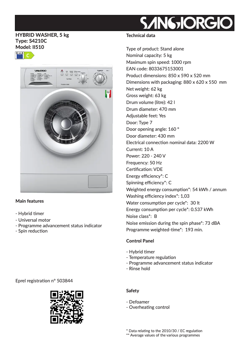 Page 1 de la notice Fiche technique SanGiorgio S4210C