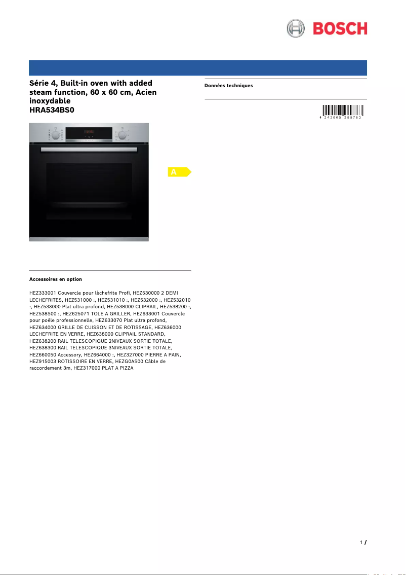 Page n°1 - Fiche technique Bosch HRA534BS0