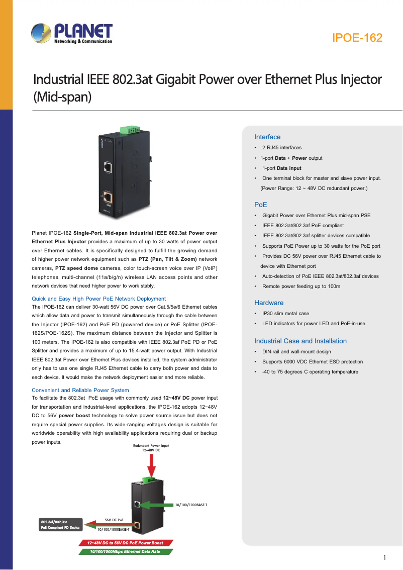 Page n°1 - Fiche technique Planet IPOE-162