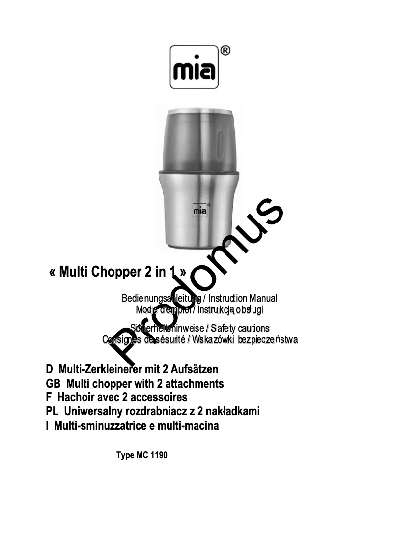 Page 1 de la notice Manuel utilisateur Mia Multi Chopper 2 in 1 MC 1190