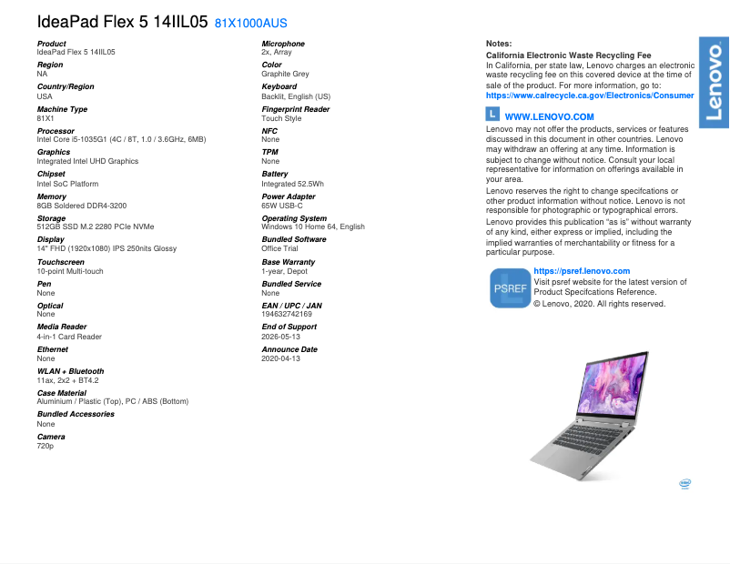 Page 1 de la notice Fiche technique Lenovo IdeaPad Flex 5