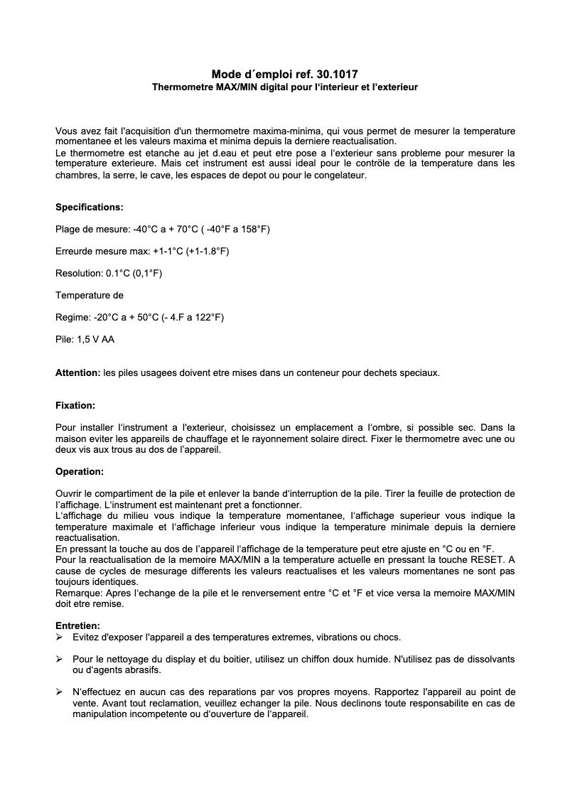 Page n°1 - Manuel utilisateur TFA 30.1017.10