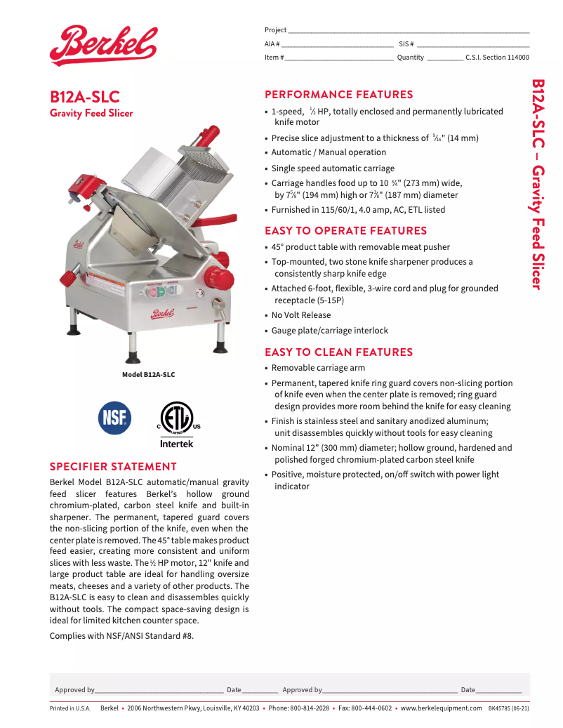 Page 1 de la notice Fiche technique Berkel B12A-SLC