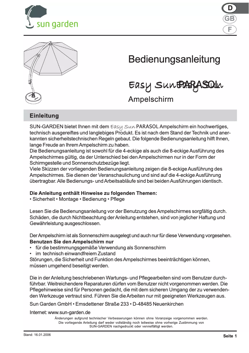 Page n°1 - Manuel utilisateur Sun Garden Easy Parasol
