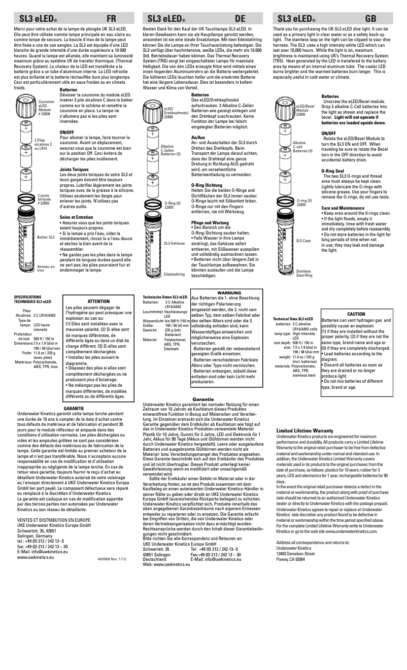 Page n°1 - Manuel utilisateur Underwater Kinetics SL3 eLED