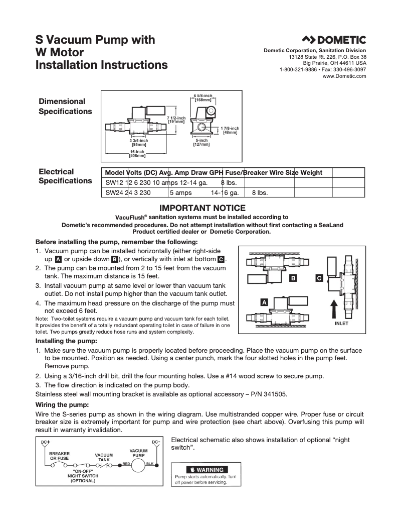Página 1 del manual Manual de usuario Dometic Pump SW12